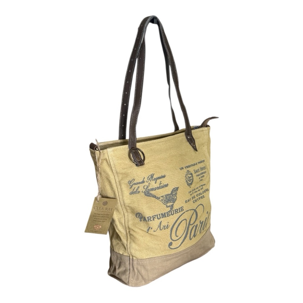 NWT Stylish Paris Print Canvas Tote Bag - Tan and Brown - Picture 4 of 8